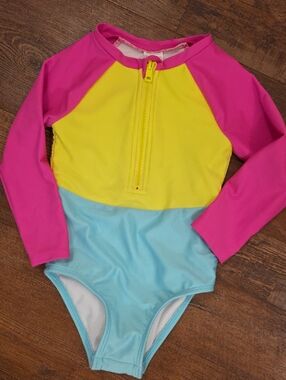 Girls' Long Sleeve Colorblock Rash Guard Swimsuit - Pink/Yellow/Light Blue